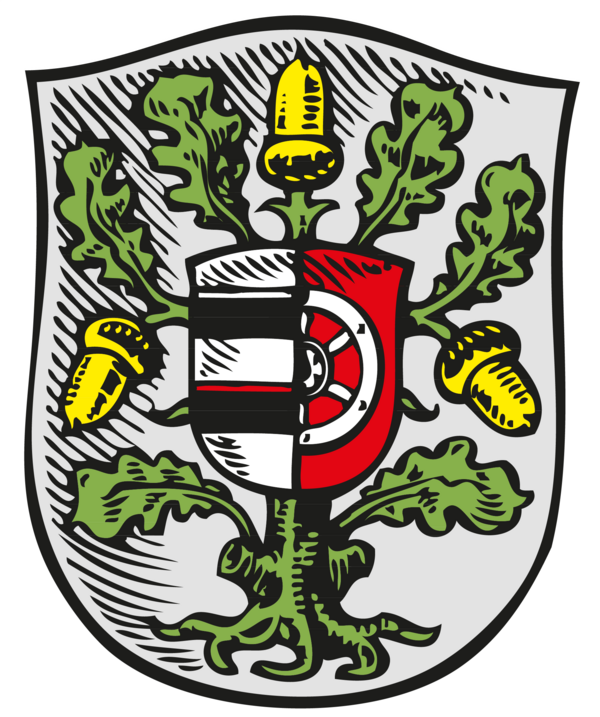 Das Wappen des Kreises Offenbach zeigt in silbernem Schild einen großen grünen Eichbaum mit drei goldenen Eicheln (Reichforst Dreieich). Der Eichbaum ist in der Mitte mit einem von Silber und Rot gespaltenen Schild bedeckt, der links die Hälfte des Isenburgers Schildes mit zwei schwarzen Balken (Herren von Isenburg) und rechts die Hälfte des silbernen Mainzer Rades (Kurmainz) zeigt.