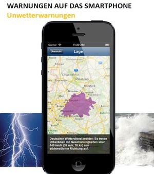 Fotomontage eines Handys mit der KatWarn-App.