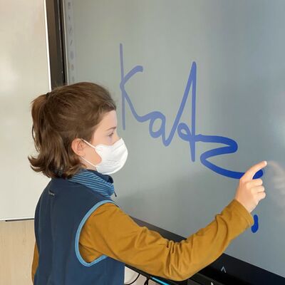 Eine Schlerin der Carl-Orff-Schule in Rodgau-Jgesheim bei der Arbeit am neuen interaktiven Display.