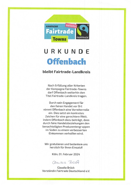 Fairtrade - Urkunde Offenbach bleibt Fairtrade-Landkreis