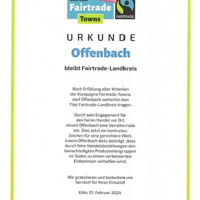 Fairtrade - Urkunde Offenbach bleibt Fairtrade-Landkreis