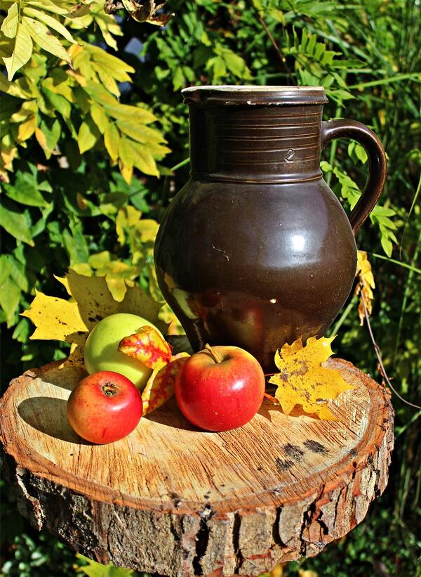 Steinkrug mit Äpfeln