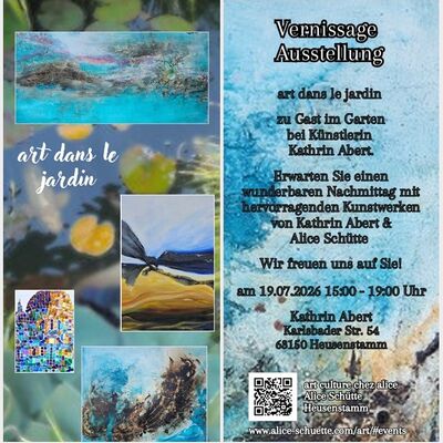 Kunstausstellung im Gartenatelier der Künstlerin Kathrin Abert. Gezeigt werden Gemälde der beiden Künstlerinnen Kathrin Abert und Alice Schütte in verschiedenen Techniken und Stilrichtungen. 