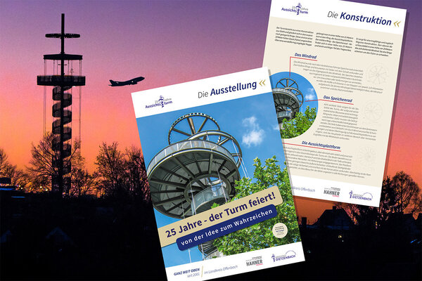 Der Dietzenbacher Aussichtsturm im Abendrot mit zwei Ausstellungsplakaten im Vordergrund.